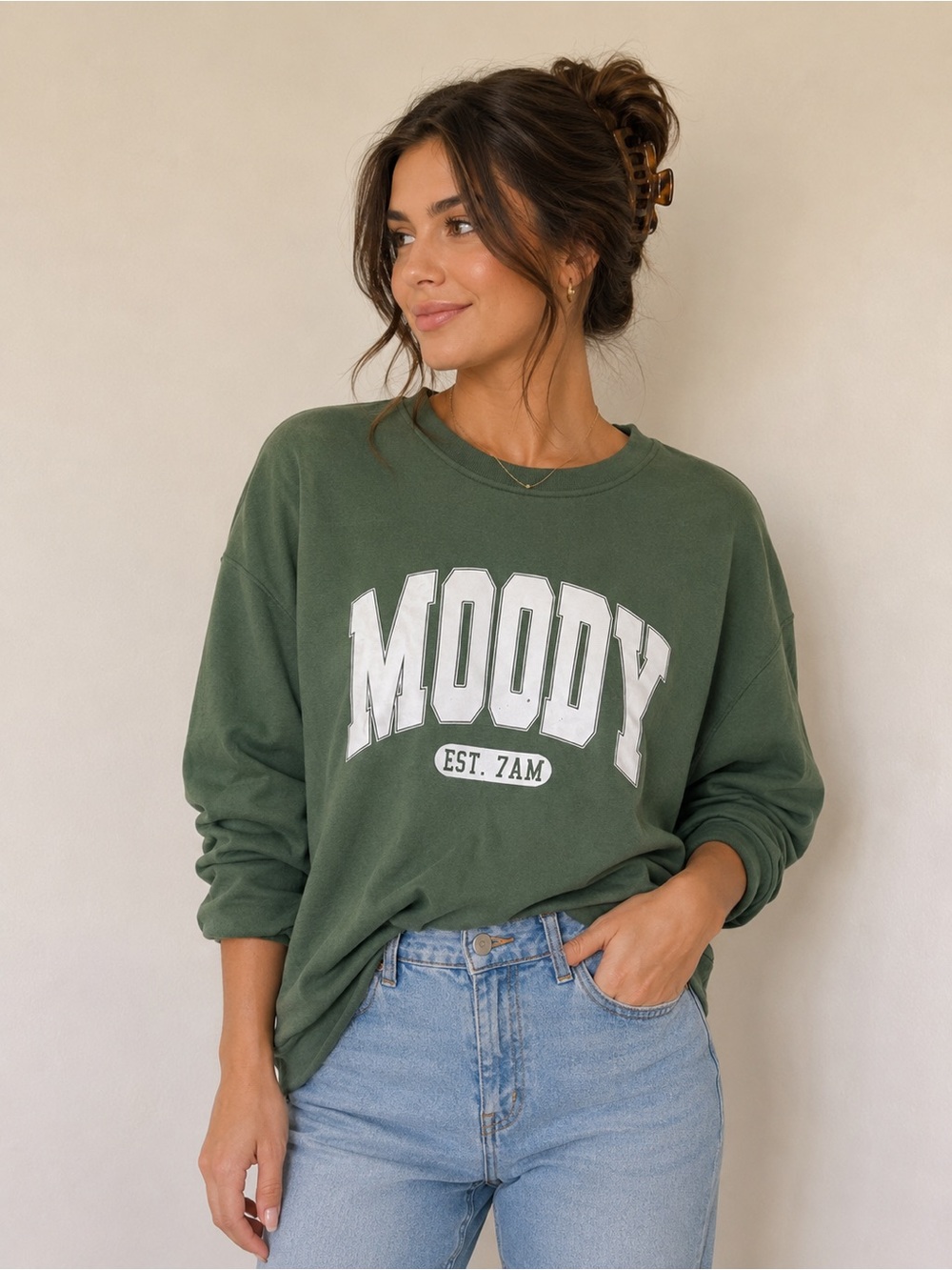 Moody EST. 7AM Green Crewneck Lightweight Sweatshirt